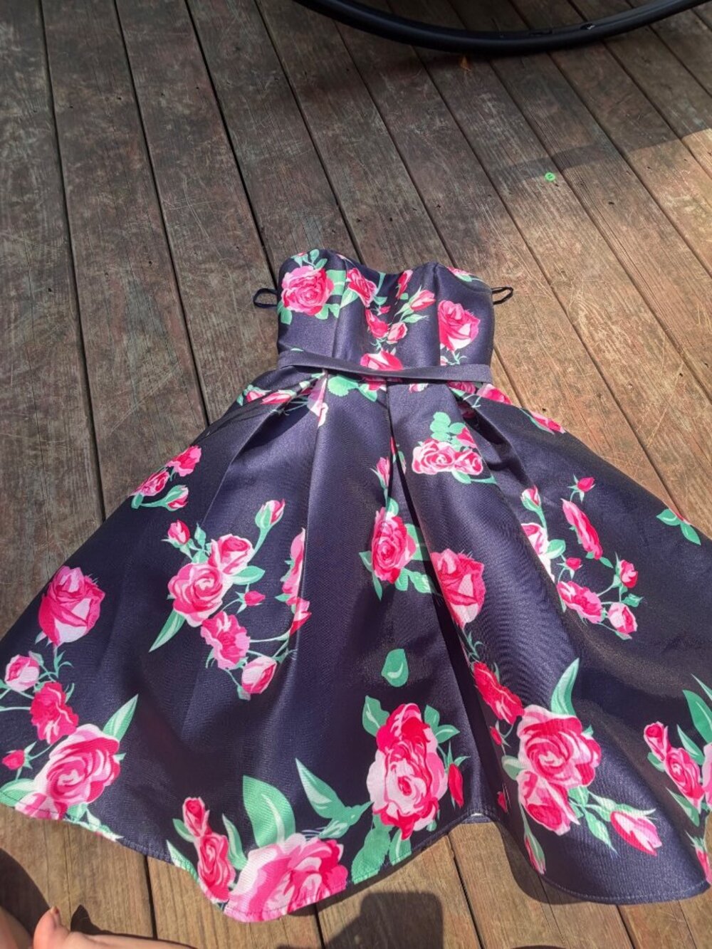 Clarisse Navy Floral Strapless A-Line Cocktail Dress With Rose Print & Lace-Up B